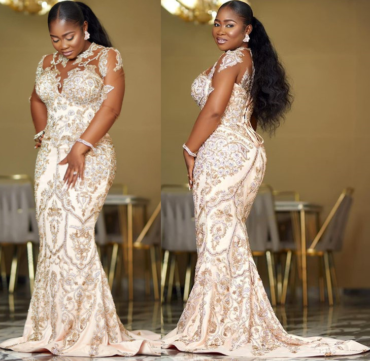2022 Plus Size Arabic Aso Ebi Gold Luxurious Mermaid Prom Dresses Lace Beaded Evening Formal Party Second Reception Birthday Engagement Gowns Dress ZJ