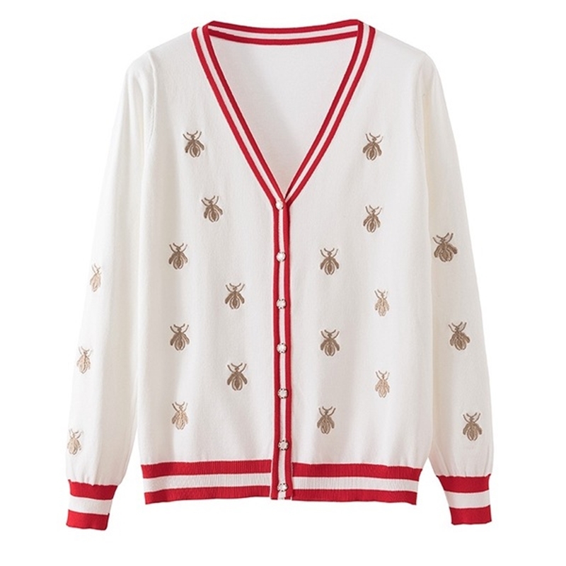 Spring Autumn Knitted Bees Embroidered Cardigan Sweater Women Long Sleeve V-neck Fashion Korean Ladies Tops Sweaters White Black 210514