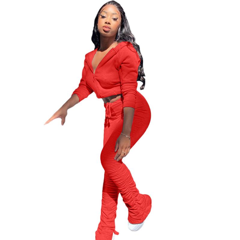 Solid Hooded Two Piece Set Women 2021 Autumn Long Sleeve Zipper Top And Stacked Pants Sporty Streetwear Casual Matching Sets Women's Tracksu