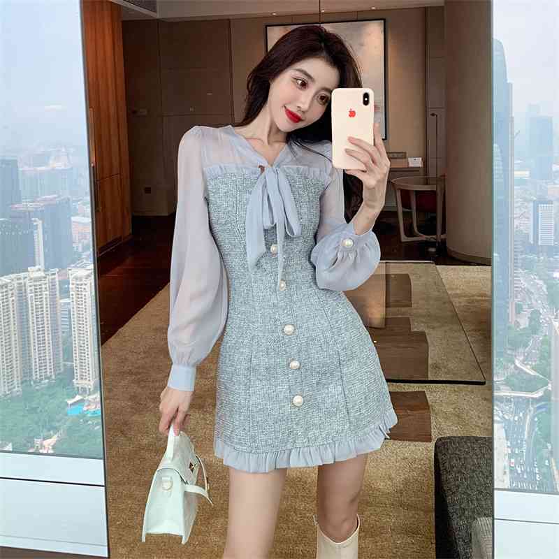 Spring Women's Chiffon Patchwork Ruffle Tweed Woolen Dress Ladies Bow Collar Single-Breasted Long Sleeve Party 210520
