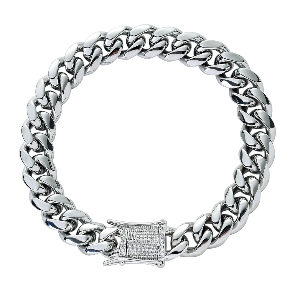 Men's bracelet Link 8mm10mm12mm14mm stainless steel round grinding color preservation Cuban copper double-sided micro-inlaid zircon buckle head