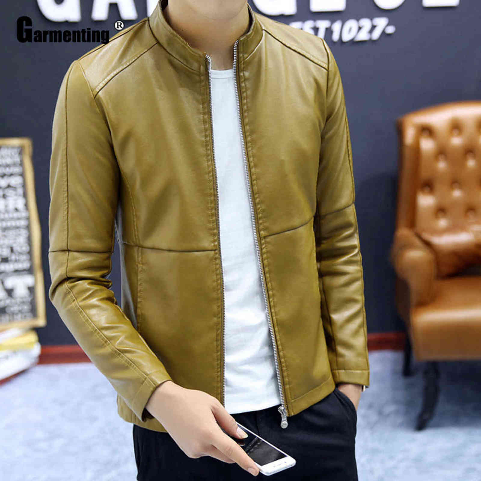 Garmenting Men Trendy Zippers Tops Faux Pu Leather Jackets Kpop Young Mens Blue Coffee Outerwear Slim Fitted Male Clothing 211111