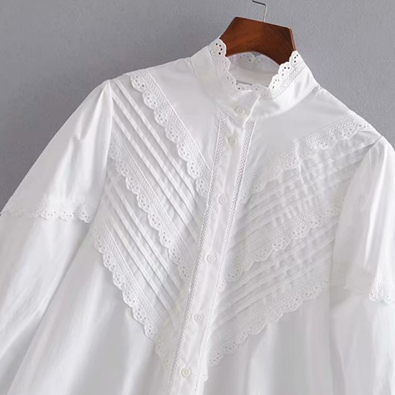 Chic Elegant Long Sleeve Button Up Women Shirt style Lace Mandarin Collar Ladies white Blouse Spring Female Clothing 210521