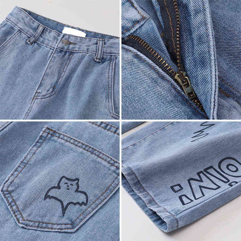 Women Jeans Harajuku Streetwear Hip Hop High Waist Trousers Leisure Baggy Vintage Blue Femme Mom Straight Denim Pants 211129