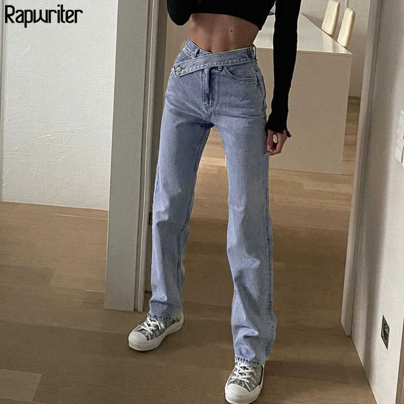 Stylish Blue High Waist Belt Mom Jeans Women Autumn Full Length Wide Denim Pants Harajuku Straight Trouser Streetwear 210922