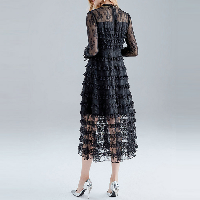 Layer Ruffles Cake spring Dress Women Long Sleeve Bow Mesh Lace Robe Femme Sexy Vestidos Midi Party es 210519
