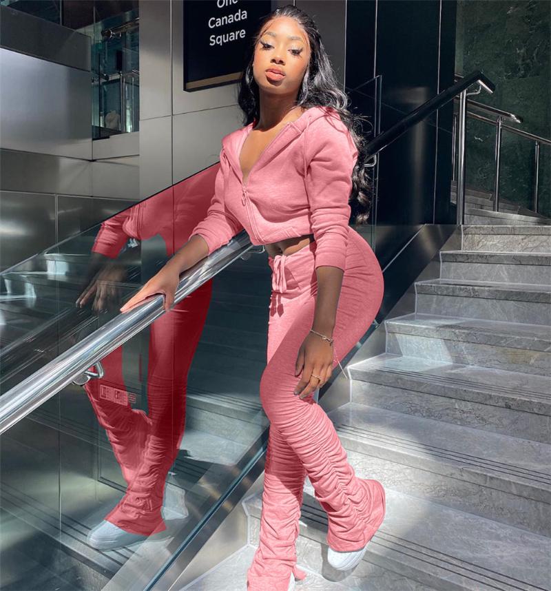 Solid Hooded Two Piece Set Women 2021 Autumn Long Sleeve Zipper Top And Stacked Pants Sporty Streetwear Casual Matching Sets Women's Tracksu