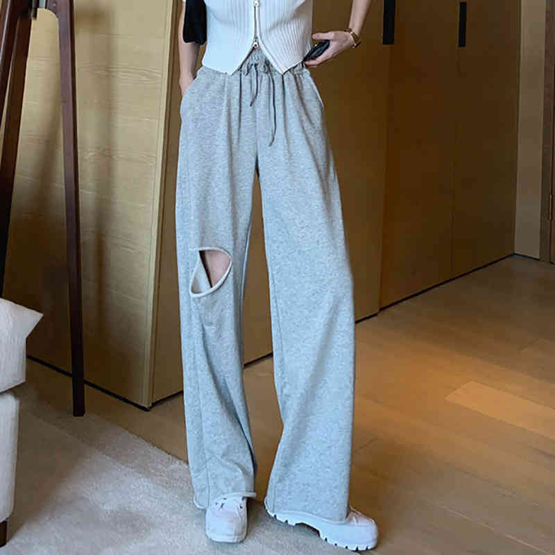 Casual Asymmetrical Women Full Length Pants High Waist Lace Up Bow Ripped Hole Wide Leg Pant For Female Clothes 210521