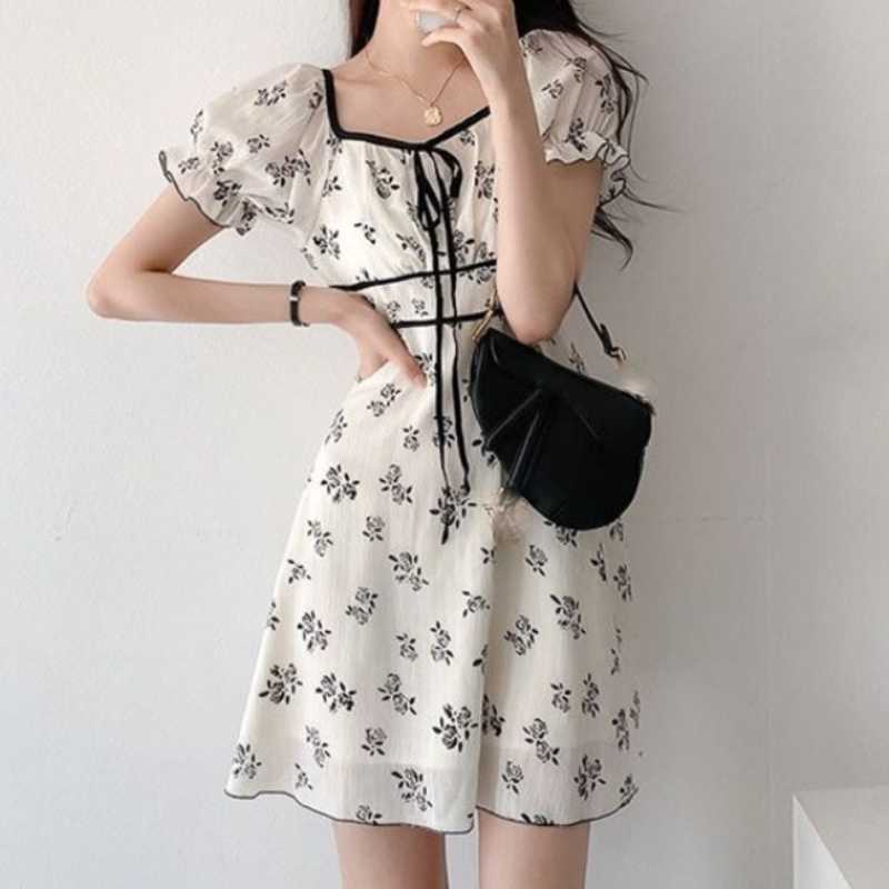 Vintage Floral Woman Dress Bow Tie Square Collar Puff Sleeve Dresses Summer Slim Waist Mini A-line Vestidos 6J864 210603