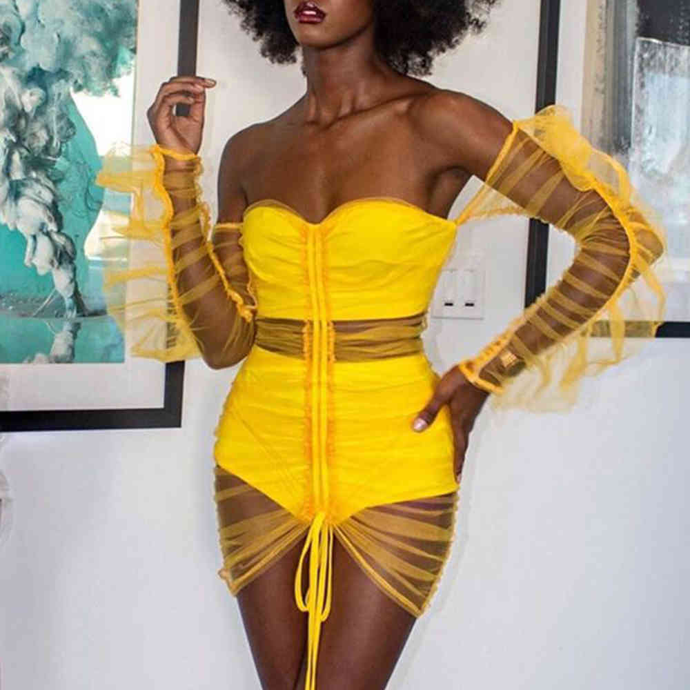 Summer Women Yellow Lace Off Shoulder Club Party Dress Sexy Long Puff Sleeve Evening Celebrity Runway Mini 210423