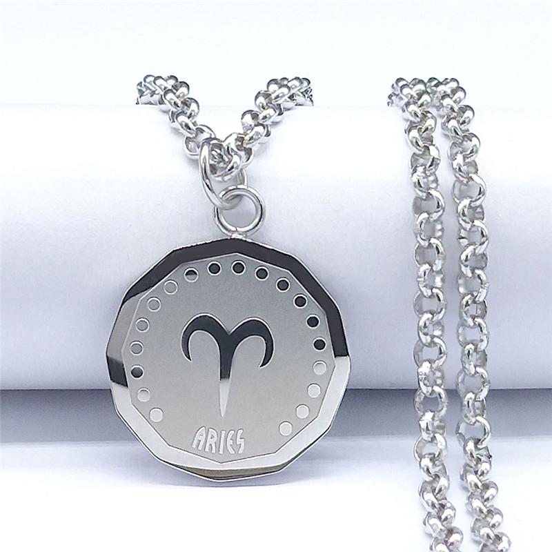 Pendant Necklaces Stainless Steel Aries Astrology Necklace Women/Men Silver Color Round Punk Jewelry Ciondoli Acciaio Inox NXS02