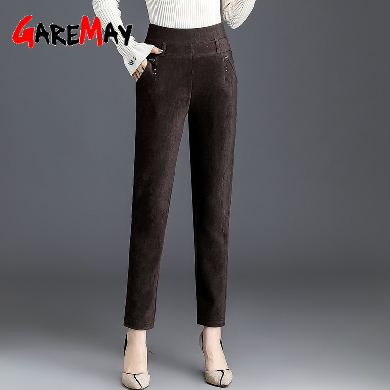 Women Winter Thickening Warm Corduroy Pants Casual Plus Size 5XL High Waist Elastic Trousers Femme Woman's Loose Velvet 210428