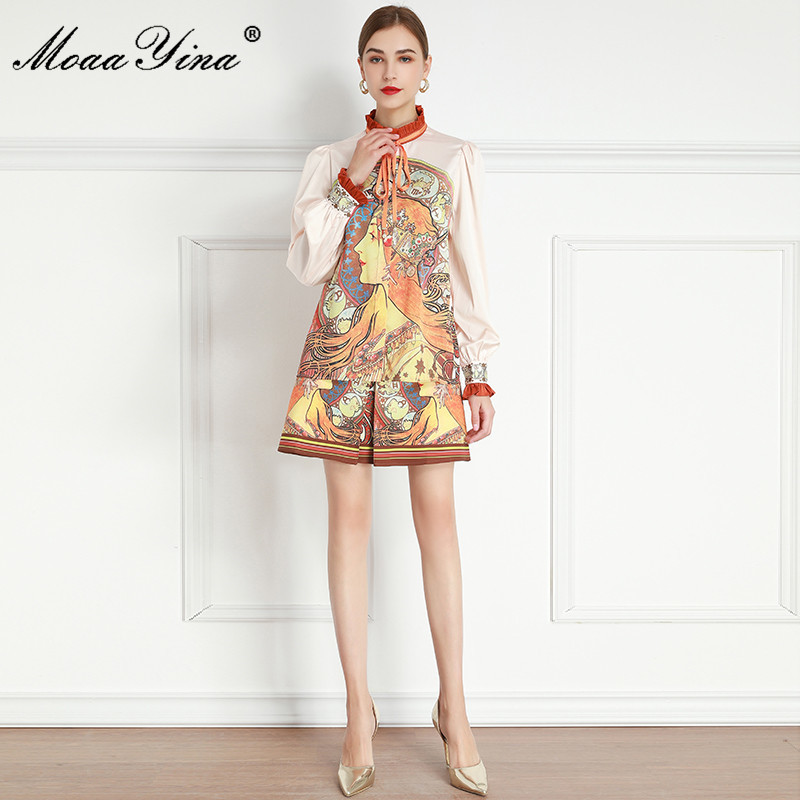 Fashion Set Spring Women's Long sleeve Twelve constellations Print Blouses Tops+Shorts Two-piece set 210524