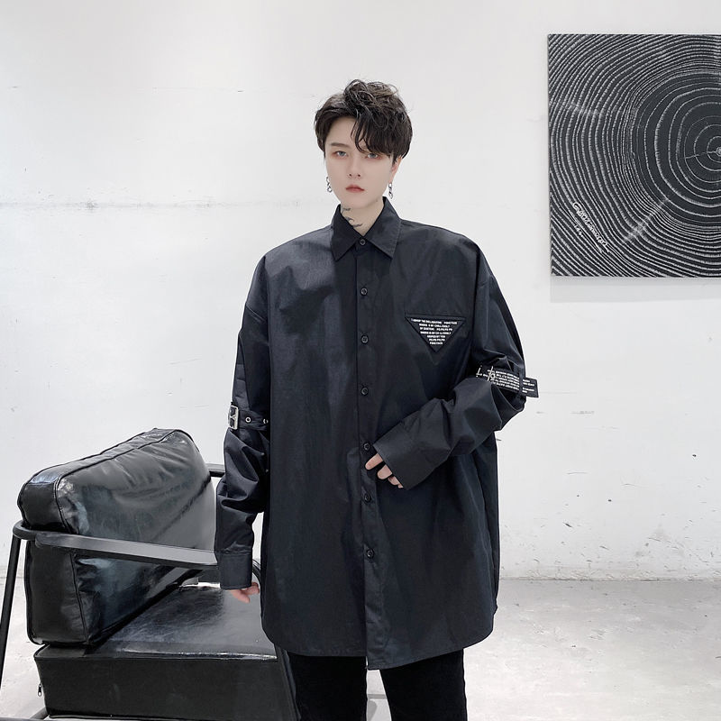 IEFB /men's wear Spring shirt letter pattern long sleeve ribbon decoration loose large size black white tops mael Y3434 210524