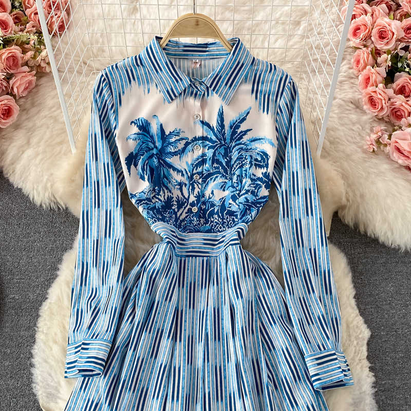 DEAT Women Printing Striped Dress Lapel Long Sleeve Arrivals Lady Temperament Fashion Spring Autumn 11D1642 210709