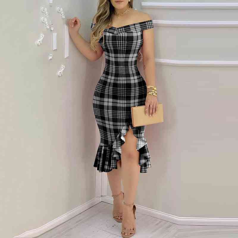 fashion plaid off shoulder women dress ruffle hem slit elegant party female high waist ruffles irregular midi, Black;gray
fashion plaid off shoulder women dress ruffle hem slit elegant party female high waist ruffles irregular midi, Black;gray