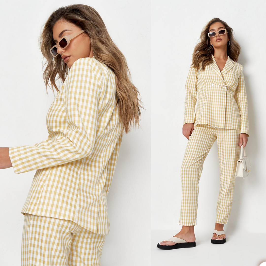 Summer Light Yellow Check Women Pants Suits Slim Fit Plaid Blazer Suit Ladies Prom Party Wedding Wear(Jacket+Pants)