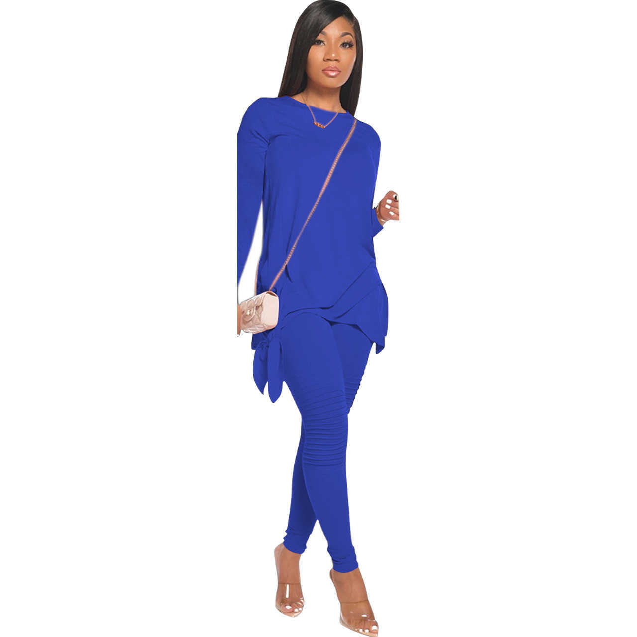 Autumn Fashion Casual Bowknot Long Sleeve Two Piece Sets Ladies Clothing Winter Ruched Joggers 2 Pants Set for Women Black 210604