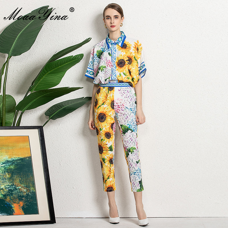 Runway Elegant Floral print Vintage Set Women's Summer Short sleeve Loose Blouses Tops and Pants Two-piece suit 210524