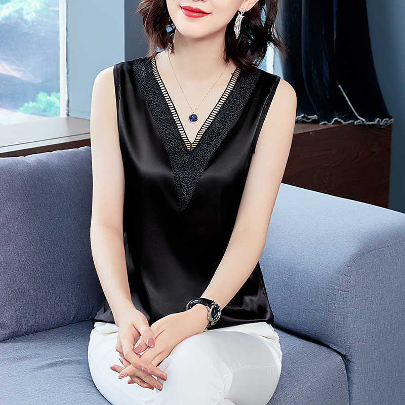 Korean Fashion Silk Tank Top Women Satin Office Lady Sleeveless Lace s Plus Size XXXL/5XL Clothing for 210531