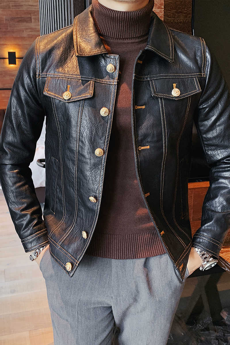 High Quality Autumn Winter Korean Slim Fit Single Breasted Turn Down Collar Motorcycle PU Leather Jacket Men Clothing Coats 211119