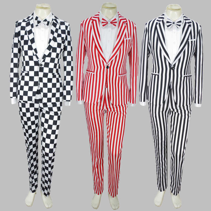 Men Sets Bebes Black White Plaid Coat Pants Bow Tie 3pcs Male Singer Suit Clown Costume Magic Stage Show Theme Striped 4XL Suit X0909
Men Sets Bebes Black White Plaid Coat Pants Bow Tie 3pcs Male Singer Suit Clown Costume Magic Stage Show Theme Striped 4XL Suit X0909