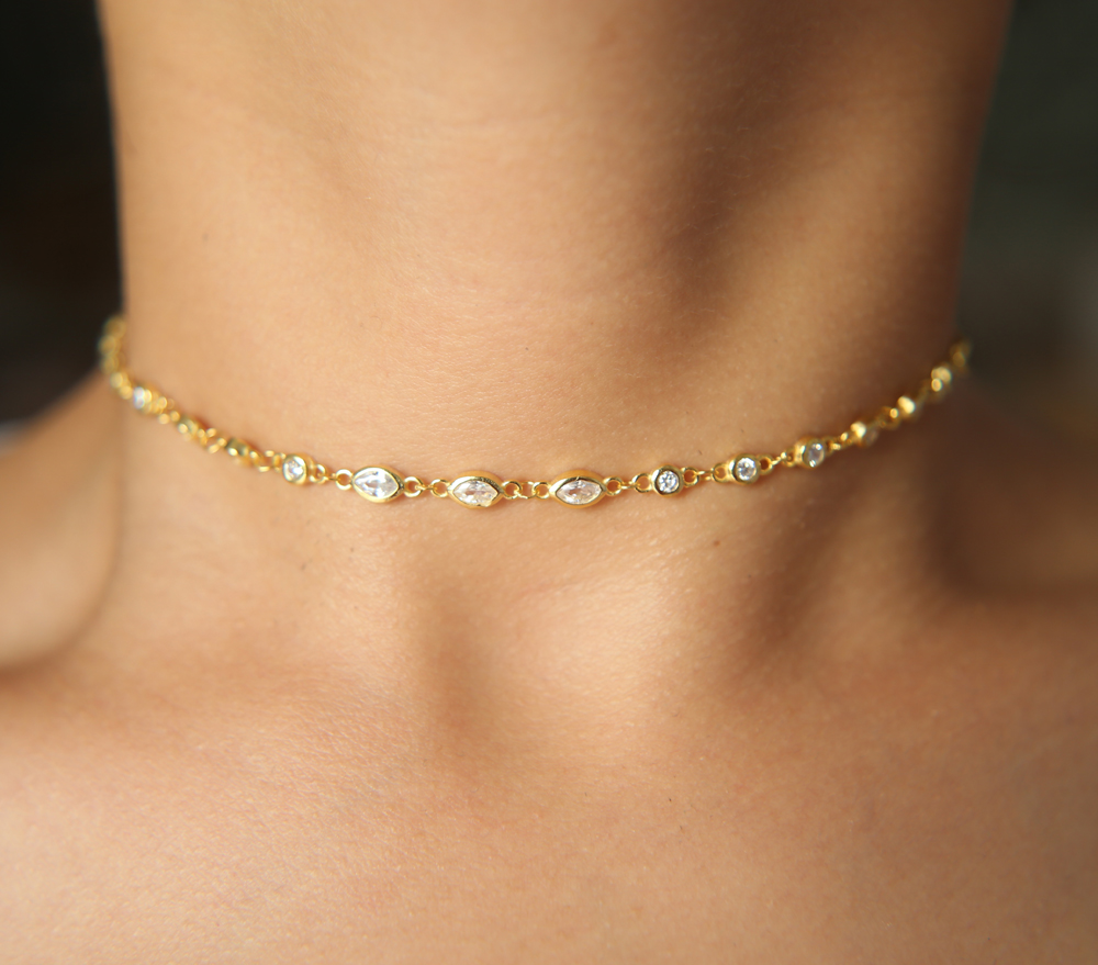 Bling Real 925 cz crystal choker necklace gold color chain eye stone pendant short necklace for women jewelry dropshipping