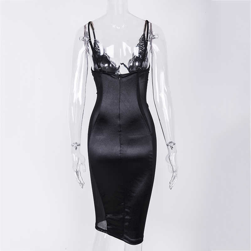 Colysmo Sexy Cut Out Summer Dress Women Elegant Knee-length Party Club Lace Satin Stitching Mesh Perspective Back 210527