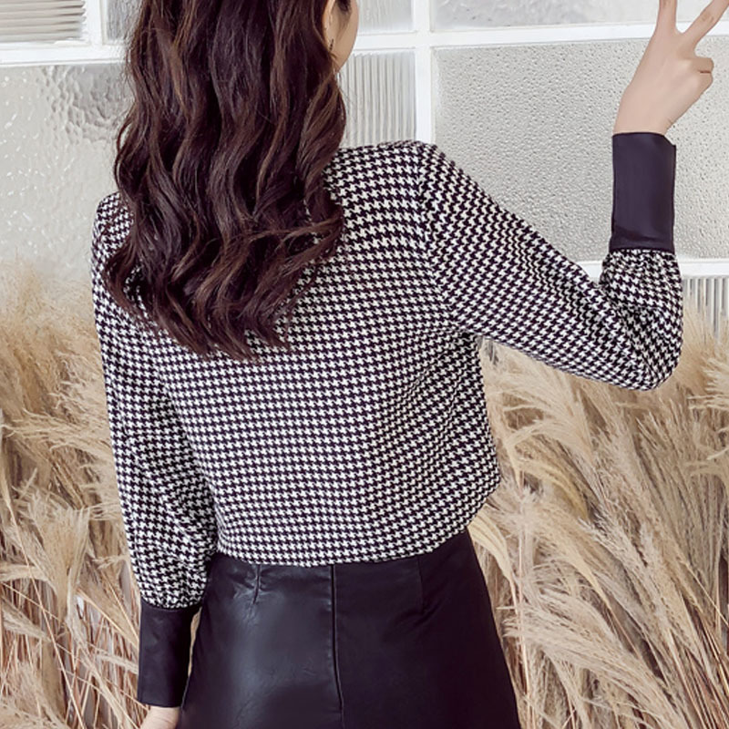 Autumn Fashion Women Blouses Casual Turn-down Neck Tops Long Sleeve Lattice Shirt Office Lady 5705 50 210508