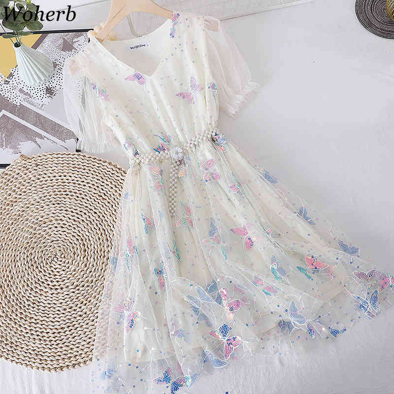 Elegant Lace Dress Women Sweet Mesh Robe Harajuku Butterfly Sequined Patch Kawaii Dresses Summer Casual Y2k Vestido 210519