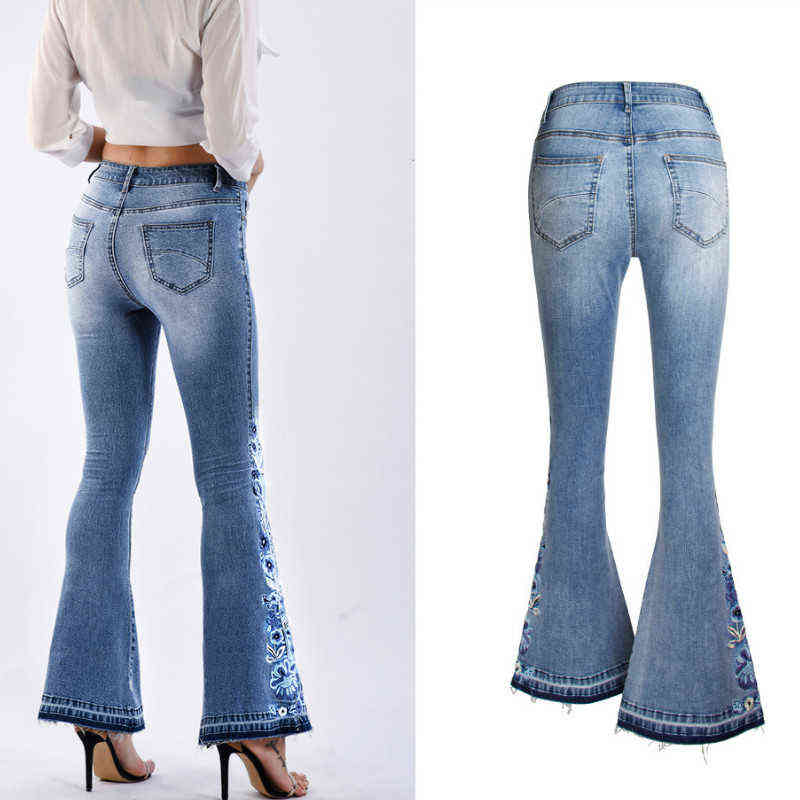 LOGAMI flower Embroidery skinny jeans woman vintage flare denim pants womens 211129