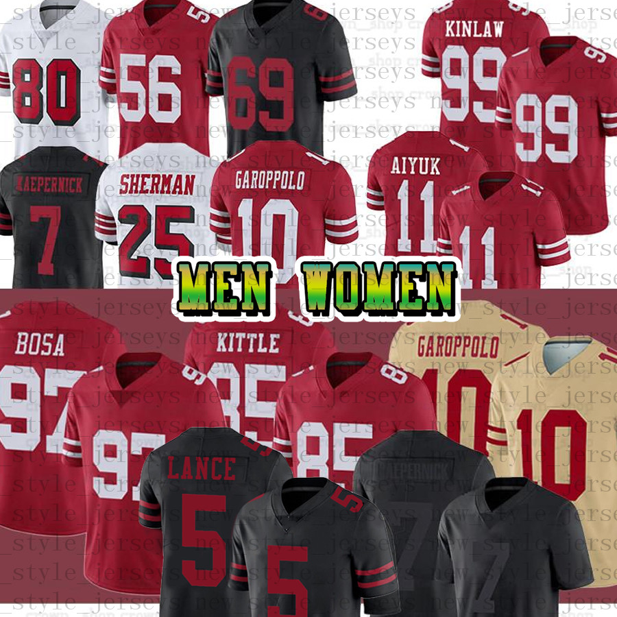 5 Trey Lance 85 George Kittle Football Jerseys 10 Jimmy Garoppolo 97 Nick Bosa Javon Kinlaw Brandon Aiyuk Colin Kaepernick Richard Sherman Dee Ford, Men(49r)
5 Trey Lance 85 George Kittle Football Jerseys 10 Jimmy Garoppolo 97 Nick Bosa Javon Kinlaw Brandon Aiyuk Colin Kaepernick Richard Sherman Dee Ford, Men(49r)