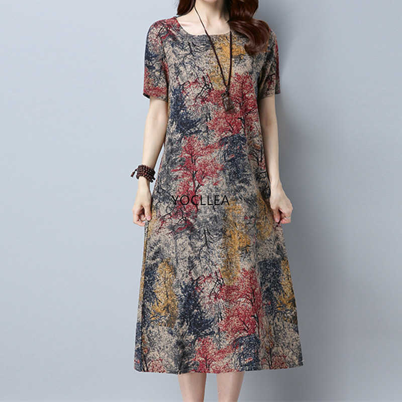 Cotton Linen Summer Dress Women Loose Plus size Casual Dress OL work Wear vintage Print beach Sundress dresses vestidos 210630
