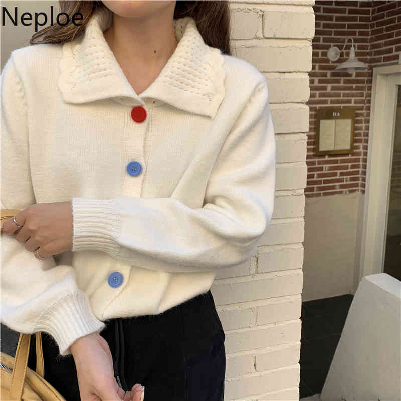Neploe Vintage Knitted Cropped Cardigan Chic Single Breasted Sweet Sweaters for Women Loose Long Sleeve Sueter Coat Pull Femme 210422