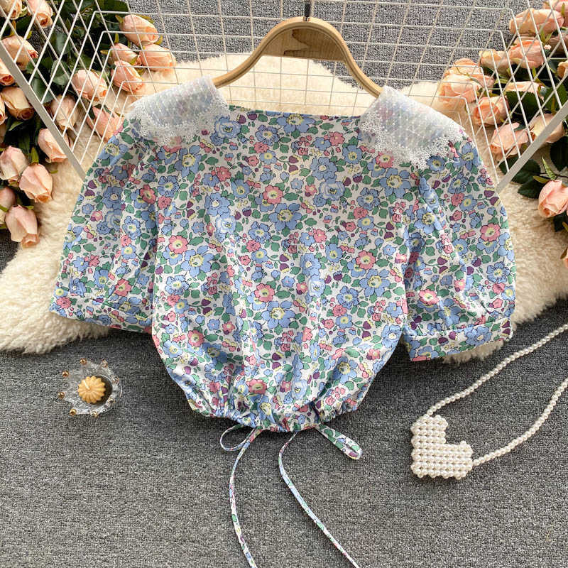 Women Fashion Sweet Embroidery Lace Lapel Short Sleeve Floral Print Shirt Summer Blouse Camisas De Mujer S404 210527