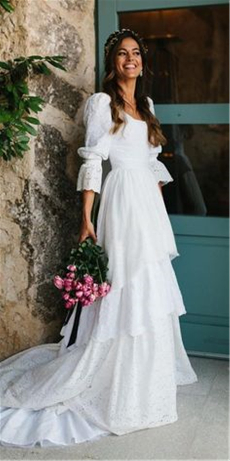 Rustic Boho Dress Vintage Bohemian Lace A e Bride Gown Lantern Sleeves Tiered Princess Wedding Gowns