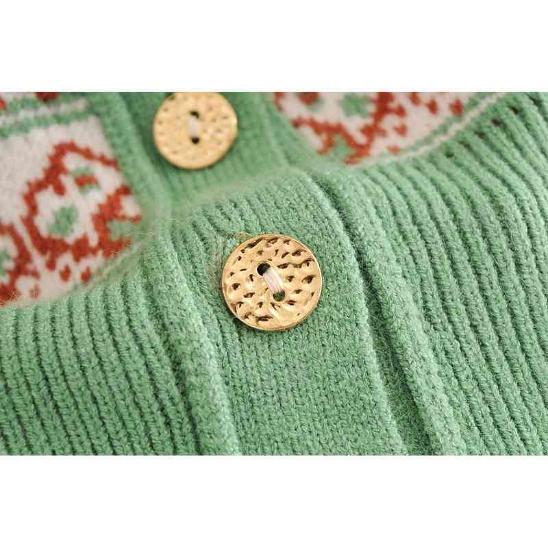 France Green Jacquard Flower Slim V neck Cardigans Women Sweater Retro Buttons Long sleeve Knitting Tops Vintage 210429