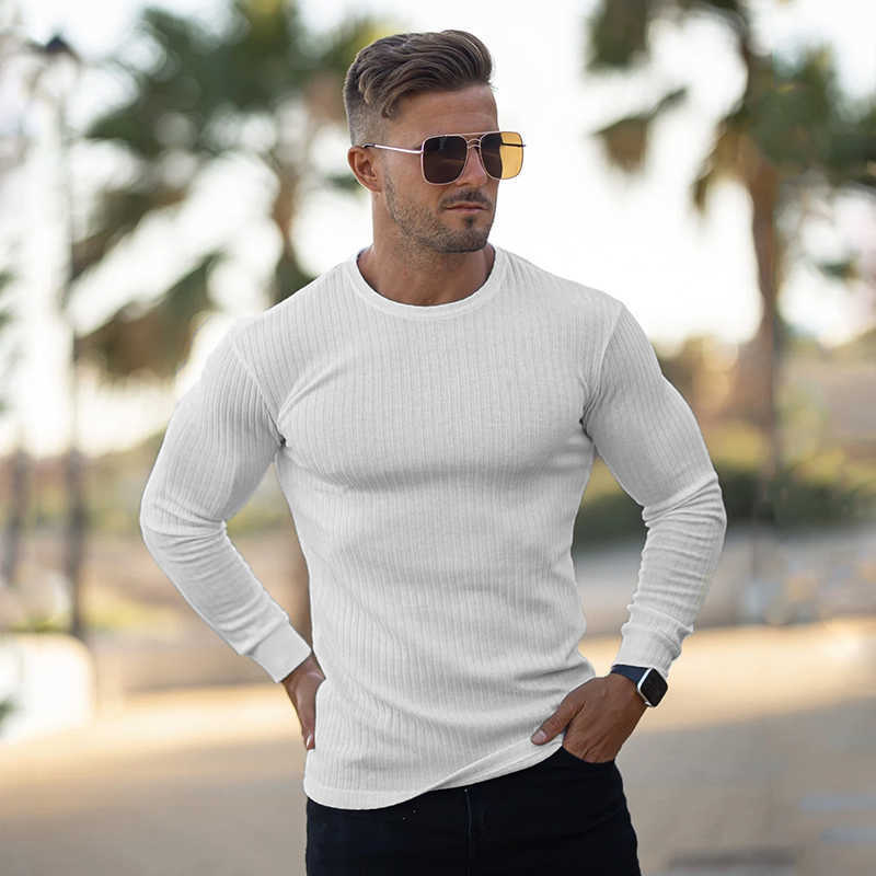Spring Fashion O-neck Sweaters Men Strips Knitted Pullovers Men Solid Casual Sweater Male Autumn Slim Fit Knitwear Clothing 211018
