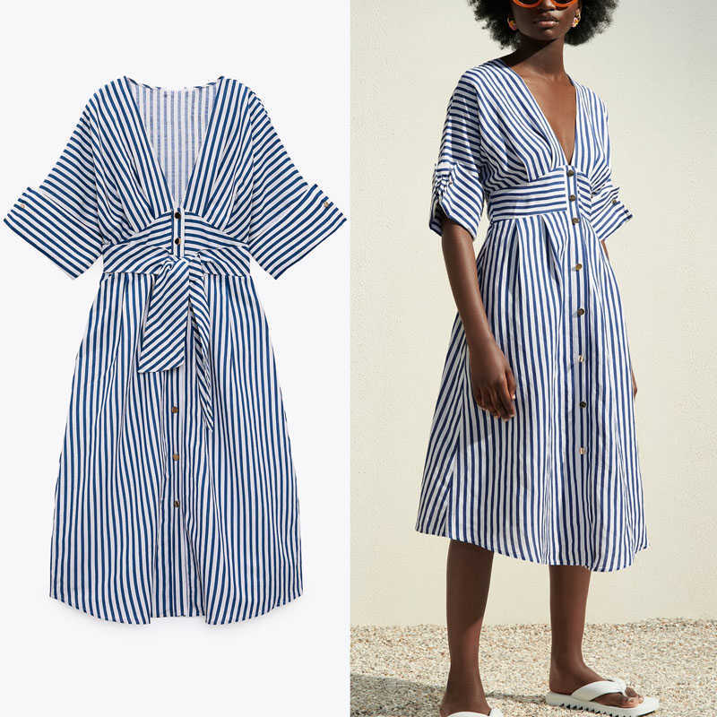 Za Summer Blue Striped Long Dress Women Vintage Short Sleeve V Neck Tied Office Lady Dresses Fashion Button Up Woman Dress 210602
Za Summer Blue Striped Long Dress Women Vintage Short Sleeve V Neck Tied Office Lady Dresses Fashion Button Up Woman Dress 210602