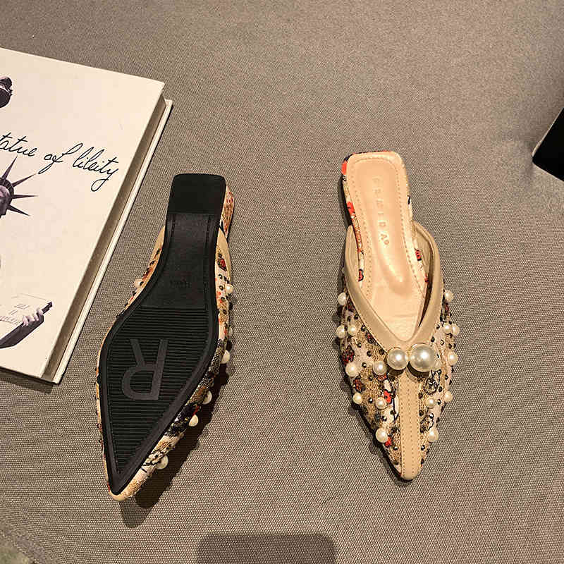 Elegant bead string women's flat sandals felt top summer Lefu slippers Lace black and white stitching lady slide