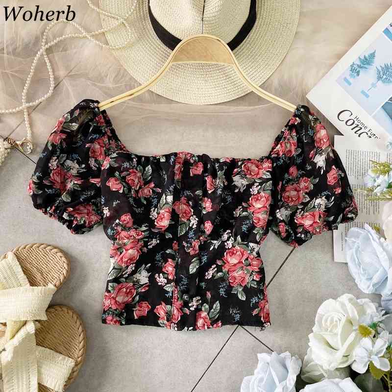 Chiffon Sweet Floral Print Shirt Puff Sleeve Short Temperament Slim Blouse Women Square Collar Bow Buttons Blouses25781 210519