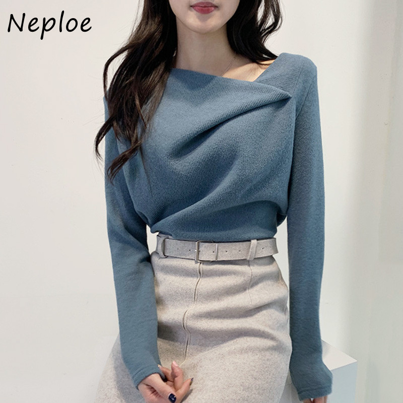 Neploe Skew Collar Irregular Knitted Sweater Women Chic Autumn Winter Elegant Femme Pullovers Solid Color Simple All-match Tops 210423