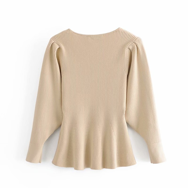 Elegant Woman Slim Stretchy Square Collar Sweater Spring Autumn Casual Ladies Soft Puff Sleeve Knitwear Female Chic Tops 210515