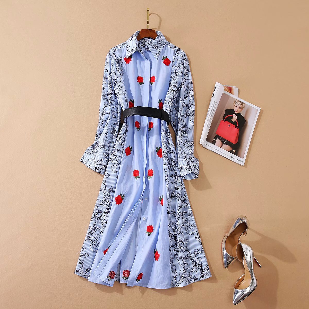 Casual Dresses European and American women' clothing autumn style Long sleeve lapel The belt Fashionable floral embroidered dress NVAA, Blue
Casual Dresses European and American women' clothing autumn style Long sleeve lapel The belt Fashionable floral embroidered dress NVAA, Blue