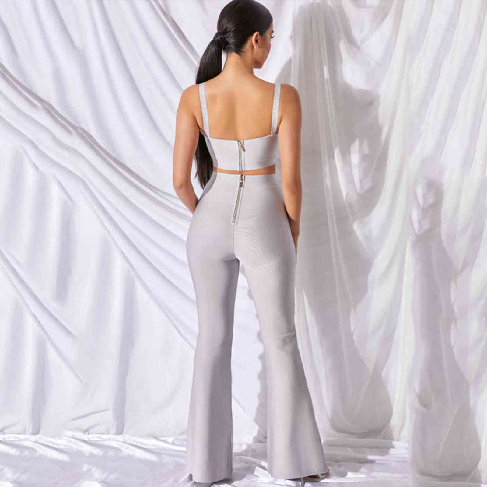 Women's Bandage Set 2 Pieces Strap Sleeveless Bustiers And Long Bell-Bottoms Trousers Sexy Celebrity Party Sheath Vestidos 211105