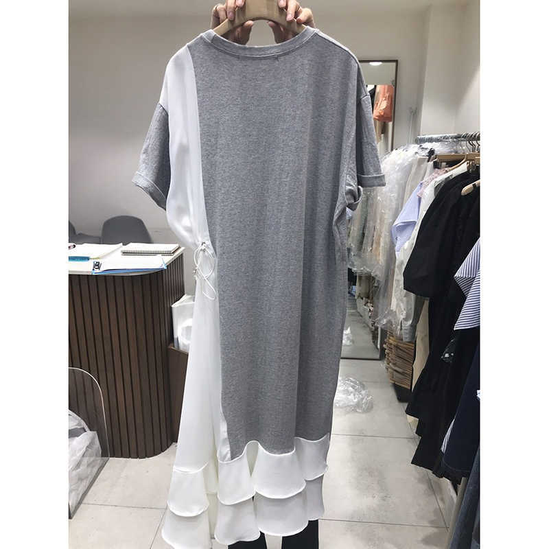 Spring Summer Simple Spelling Patchwork Ruffles O-Neck Casual Mid-Calf Dresses Women 210615