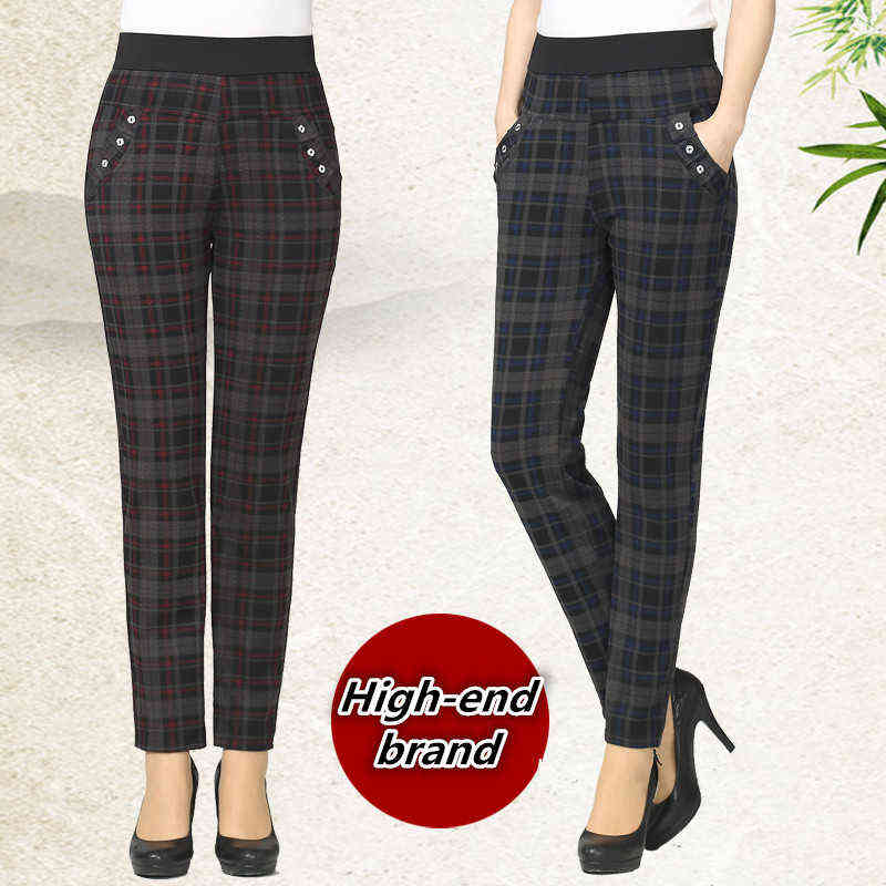 Large size spring Winter Women grid Pants Warm sweat Plus Velvet Slim High Waist Stretch Pencil Female Trousers 211124Z