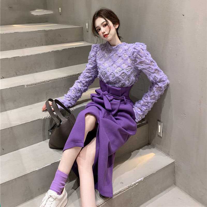 Chic Korean Spring Purple Lace Blouse Top Slim High Waist Bow Up Split Skirts Fashion Vintage Temperament Gentle Sets 210510