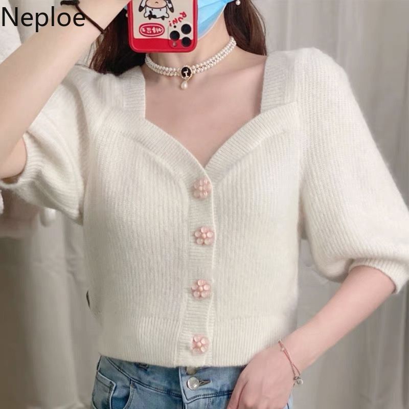 Neploe Cropped Knitted Tops Women Floral Buckle Short Sleeve Soft Loose Cardigan Sweaters Square Collar Vintage Summer Suter 210422