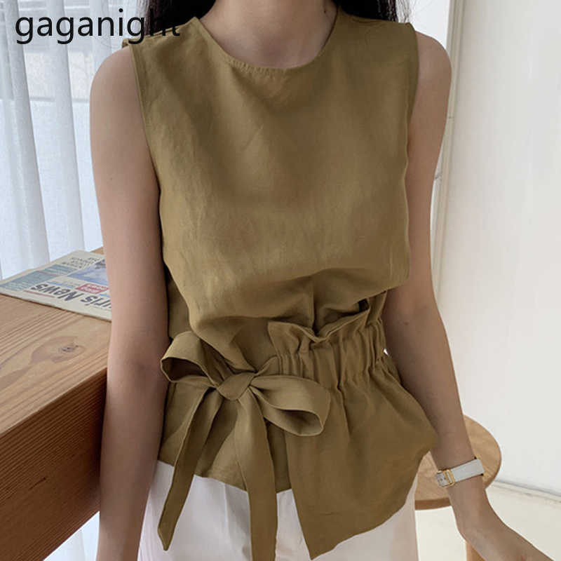 Fashion Solid Woman Blouse Summer Sleeveless Shirt Women Bandage Bow Waist O-neck Blouses Casual Elegant Blusas 210601